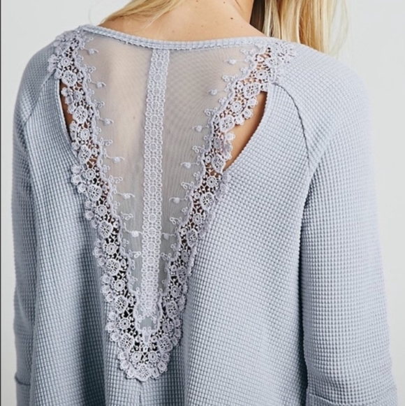 Free People Lavender Gray Bon Bon Lace Back Waffle Knit Thermal Top S - Picture 10 of 10